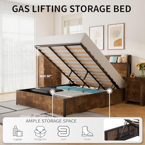 LUXOAK Full Size Lift Up Storage Bed, Wood Platform Bed Frame with Storage Headboard & Charging Station, No Box Spring Needed, Easy Assembly, Rustic LUXOAK