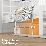 VINGLI Twin Bed Frame with Storage Headboard, LED Lights, and Charging Station, Single Metal Platform Pannel Bed with Wooden Storage Shelf, Underbed Storage Space, Apartement, White VINGLI