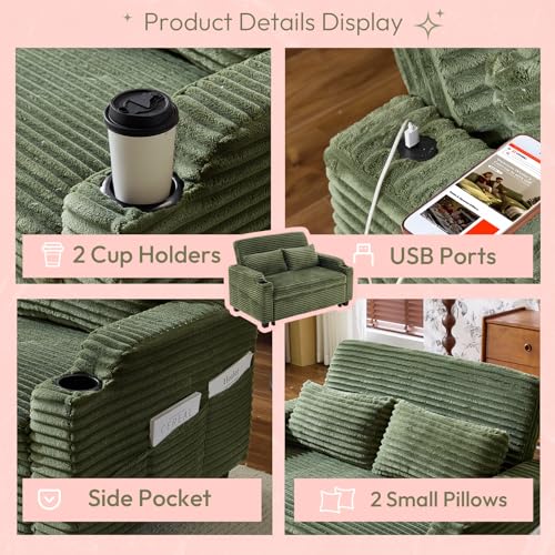 VINGLI Green Futon Sofa Bed Convertible Loveseat Sleeper Sofa Couch, Corduroy Pullout Sofa Fold Out Couch Bed with USB Ports, Cup Holders, Armrest for Living Room, Bedroom Apartment Room VINGLI