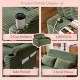 VINGLI Green Futon Sofa Bed Convertible Loveseat Sleeper Sofa Couch, Corduroy Pullout Sofa Fold Out Couch Bed with USB Ports, Cup Holders, Armrest for Living Room, Bedroom Apartment Room VINGLI