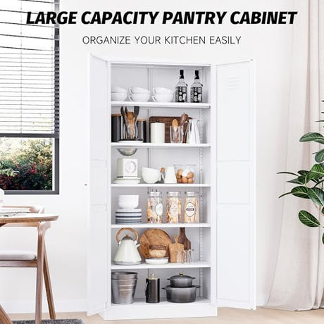 Pantry Cabinet,White Pantry Storage Cabinet,Metal Storage Cabinet with Doors and Shelves,Ventilated Tall Cupboard,Pantries,71"H Food Pantry Cabinet for Kitchen,Home,Office,Dining Room,Living Room SISESOL