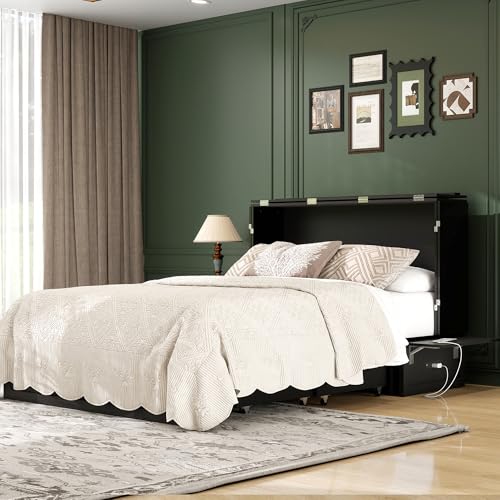 Keloyid Queen Murphy Bed Included Mattress：Wood Murphy Bed Cabinet with USB Charging Station and Large Storage Drawer for Bedrooms/Guest Rooms/Apartments, Black Walnut Color-2 Keloyid