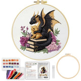 Black Dragon and Golden dragon stands on the book Handmade DIY Embroidery kit,Suitable for Beginners,Includes Embroidery Cloth, Instructions,hoop and Needle and Thread, Suitable for Holiday Gifts