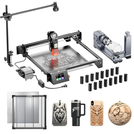 Longer RAY5 10W Laser Engraver with Air Assist Kit, 4-in-1 Rotary Roller, 16 Pcs Raiser, Camera Kits and Honeycomb Panel 440 * 440mm, App Offline Control, DIY Engraving Tool for Metal/Glass/Wood Longer