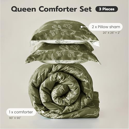 Joiedomi Queen Comforter Set Olive Green, 3 Pieces Floral Queen Bedding Set with 1 Soft Reversible Botanical Comforter and 2 Pillow Shams, Bed in a Bag for All Seasons Joiedomi