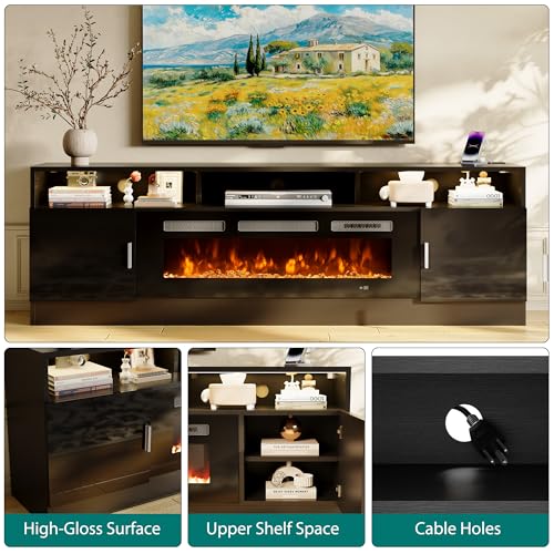 oneinmil 78" Fireplace TV Stand with Power Outlet for TVs Up to 90", Electric Fireplace Entertainment Center with LED Lights & Storage Cabinets, Media Console Table for Living Room oneinmil