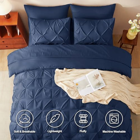 CozyLux Queen Comforter Set Navy Blue, 7 Pieces Pintuck Bed in A Bag, Premium Blue Comforter Queen Size, Pinch Pleat Bedding Sets with Comforter, Sheets, Pillowcases & Shams CozyLux