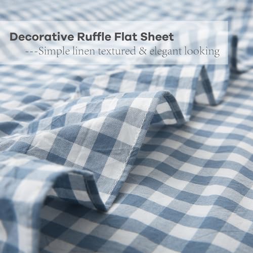 K MASANIJI Dust Blue White Plaid Ruffle Sheets Twin Size 4-Piece Set, 300TC 100% Yarn Dyed Cotton Sheets18 in Deep Pocket Preppy Gingham Sheets Decorative Bedding (Dust Blue/White Plaid, Twin) K MASANIJI