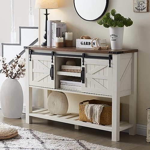 OKD Entryway Table with Sliding Barn Doors, 46" Farmhouse Console Table with Storage Shelf, Rustic Sofa Table Behind Couch for Hallway, Entry Way, Living Room, Foyer, Antique White - WoodArtSupply