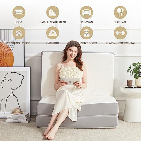 Lazyzizi Folding Mattress, 6 Inch Memory Foam Tri-fold Mattress with Breathable & Washable Bamboo Fiber Fabric Cover, Foldable Floor Guest Bed for Camping, Road Trip, Twin Lazyzizi
