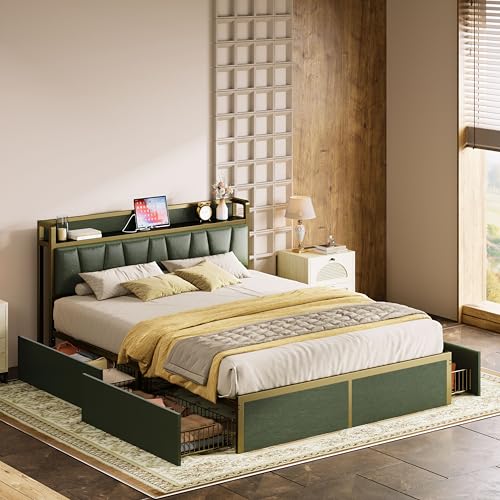 LIKIMIO Queen Bed Frame with 4 Storage Drawers, Platform Bed with Charged Headboard, Sturdy and Stable, No Noise, No Box Spring Needed, Easy to Install, Dark Green LIKIMIO