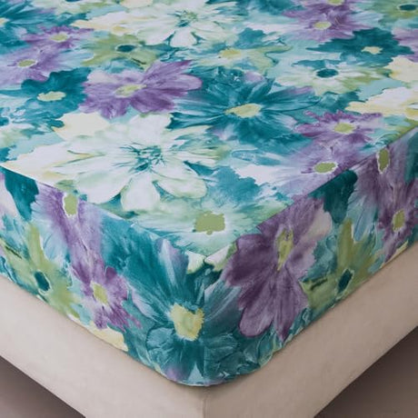 NATURETY Bedding Fitted Sheet with Deep Pocket,Oil Painting Style Printed Fabric Bed Sheets for Boys Girls Single Bed (Green Floral,Twin) NATURETY