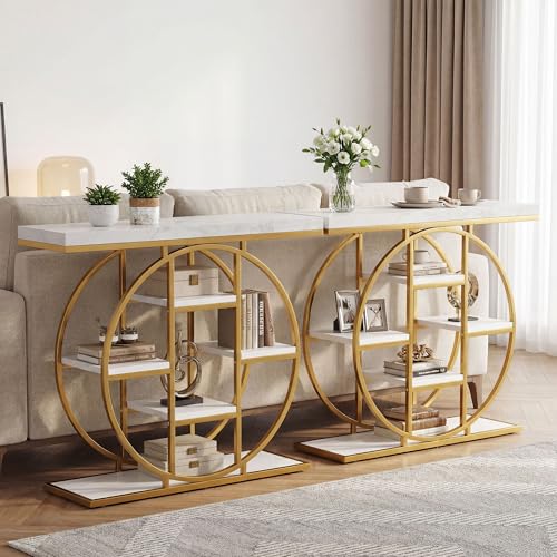 HOMCOM Entryway Table, 39.4" Console Sofa Table with Storage Shelves and Circle Steel Frame, Narrow Wood Accent Tables for Entrance, Hallway, Foyer, Living Room, White Marble Effect HOMCOM