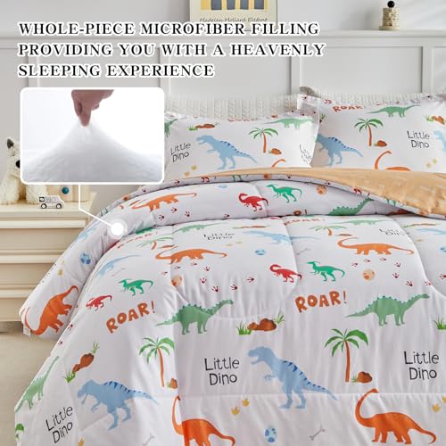 Joyreap Cotton Comforter Set Twin, Colorful Dinosaurs Orange n White Design, 3pcs Kids Bedding Set for All Season- 68x88 inches Joyreap
