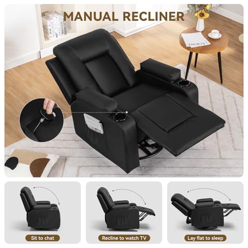 COMHOMA Recliner Chair, Swivel Rocker Recliners, Massage and Heat Reclining Chair, Reclining Sofa with Side Pockets, Cup Holders for Living Room, Bedroom (Black) COMHOMA