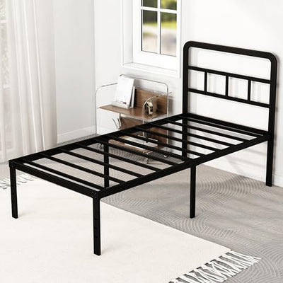 DiaOutro Twin Bed Frames with Headboard 18 Inch, Metal Platform No Box Spring Needed Heavy Duty Steel Slat Mattress Foundation/Easy Assembly/Noise Free/Black