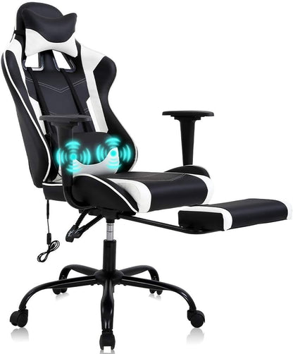 Gaming Chair Computer Chair with Footrest and Massage Lumbar Support, Height Adjustable Game Chair Video Game Chair High Back Reclining Computer Chair with 360°-Swivel Chair for Adults, White