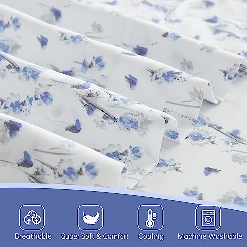 Twin Bed Sheet Set 3PC Printed Light Blue Flower Pattern Cooling 1800 Microfiber with Deep Pocket, Hotel Luxury, Soft, Breathable, Hypoallergenic, Wrinkle Free, Single Bedding for Kids, College Dorm KACEMOO