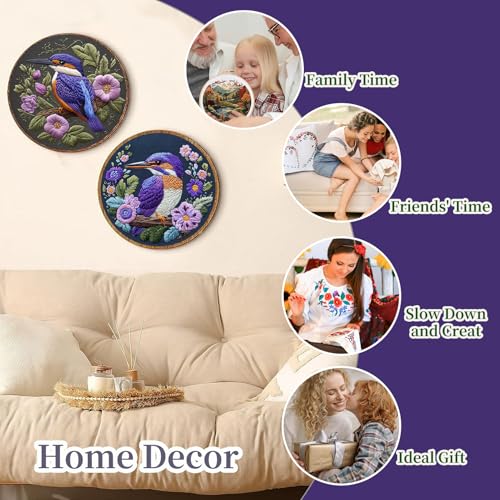 FONNUY Embroidery Kit for Beginners, Birds with Flowers Pre-Stamped Pattern Kits for Adults with Hoop, Easy to Follow Color Thread Needlework, 8'' Hoop (Purple 2)