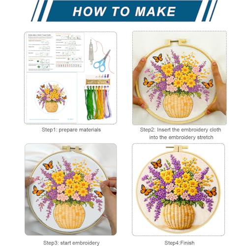 Zhenqing Butterfly Flower Embroidery Kit 4 Pack, Beginner Floral Craft Set with 20cm Hoop, Printed Patterns on 29x29cm Cotton Fabric, DIY Nature Design (JC0083)