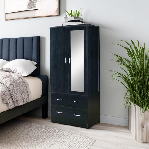 HODEDAH 2 Door Wood Wardrobe Bedroom Closet with Clothing Rod inside Cabinet, 2 Drawers for Storage and Mirror, Black Hodedah