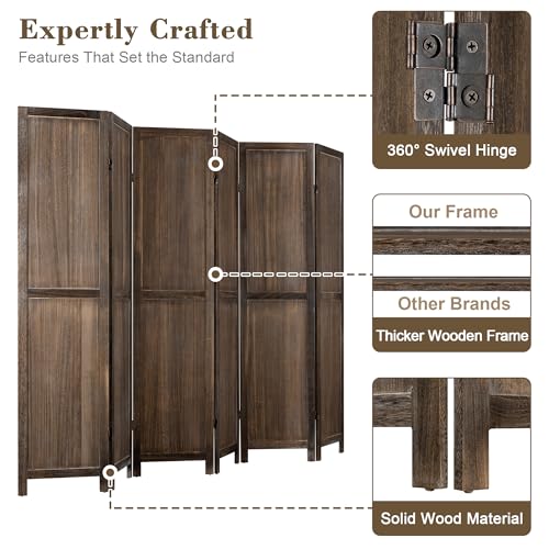 WelFurGeer 6 Panel Room Divider Screen - 360° Adjustable Folding Panels for Privacy, Bedroom, Living Room & Patio, Handcrafted Decorative Room Divider, Freestanding Divider for Room Separation (Brown) WelFurGeer