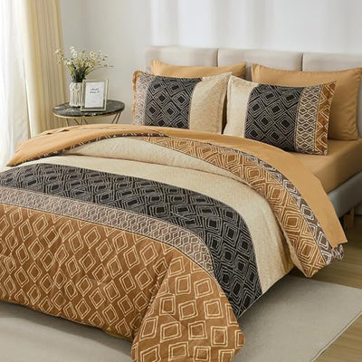 Dinjoy Brown King Size Comforter Set,Striped Bed in a Bag King 7 Pieces Soft Boho Bedding Comforters Sets Microfiber Bed Complete Set with Sheets for Fall Winter