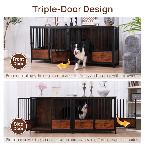 75" Wooden Dog Crate Furniture – Chew-Resistant Kennel for Medium/Large Breeds,3-Door Indoor Kennel with 3.1" Raised Feet, Multi-Functional TV Stand & End Table (Brown, 75 * 26.3 * 32.1 inch) walnest