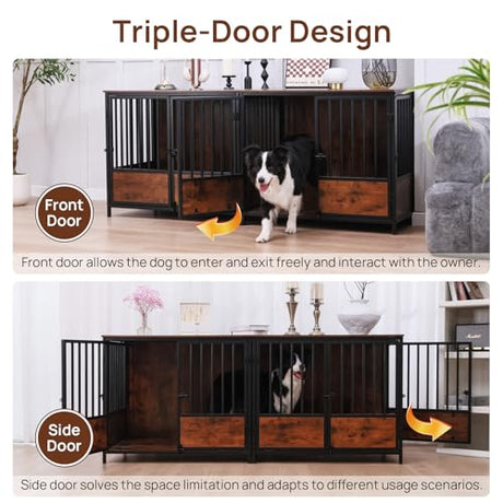 75" Wooden Dog Crate Furniture – Chew-Resistant Kennel for Medium/Large Breeds,3-Door Indoor Kennel with 3.1" Raised Feet, Multi-Functional TV Stand & End Table (Brown, 75 * 26.3 * 32.1 inch) walnest
