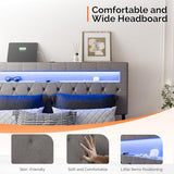 VINGLI Floating Bed Frame Queen with Charging Station,RGB LED Lights, Metal Platform Bed with Upholstered Headboard, Adjustable Height, Gray VINGLI