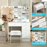 Teousev Small Vanity Desk with Mirror and Lights,White Vanity with 6 Drawers 6 Shelves 1 Chair,3 Lighting Colors Adjustable,31.5" L*14.2" W*51.2" H Teousev
