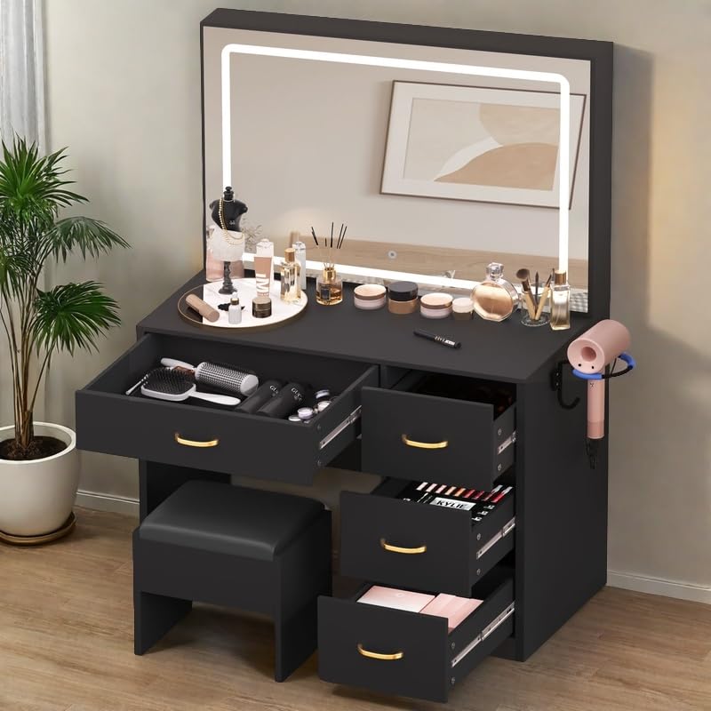 YITAHOME Vanity Desk with Large 35" Mirror and LED Lights, Makeup Vanity Set with 4 Drawers and a Power Strip, Vanity Chair, Dressing Table with Ample Storage, Bedroom Furniture for Women, Coal Black