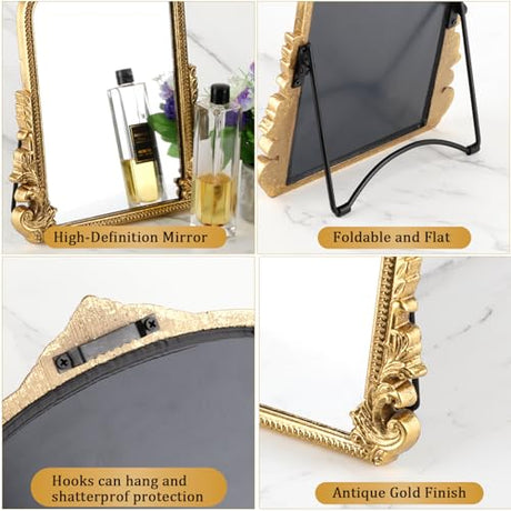 Vintage Makeup Mirror, Vanity Desk Mirror Antique Traditional Tabletop Mirror, Standing, Hang or Wall Mounted, Adjustable Dress-up Mirror, Gold Decor Mirror for Living Room,Bedroom (gold, 12*9.8 in) Willannals