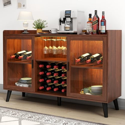 Auromie Wine Bar Cabinet with Led Light, Home Coffee Cabinet with Wine and Glass Rack, Kitchen Buffet Sideboard with Storage Shelves, Freestanding Liquor Cabinet for Living Room, Dining Room (Walnut)