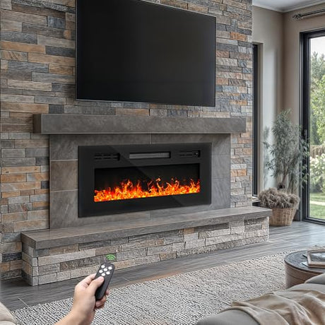 DWVO 36 Inches Electric Fireplace, Recessed or Wall Mounted, Fireplace Heater with Remote Control, Adjustable Temperature, 8H Timer, Adjustable Flame Color and Brightness, 120V 1500W, Crystal DWVO