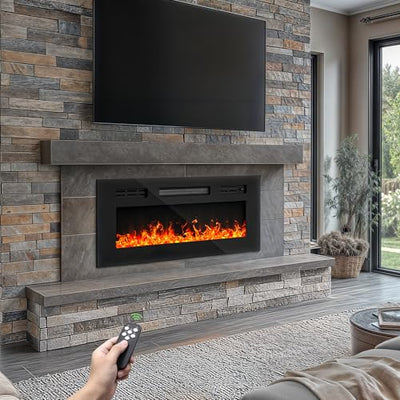 DWVO 36 Inches Electric Fireplace, Recessed or Wall Mounted, Fireplace Heater with Remote Control, Adjustable Temperature, 8H Timer, Adjustable Flame Color and Brightness, 120V 1500W, Crystal