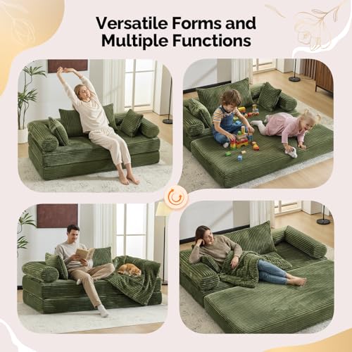 VINGLI Convertible Futon Sofa Bed, Upholstered Corduroy Boneless Couch King Size Floor Loveseat Sleeper Sofa with 2-in-1 Throw Pillow, Couches for Living Room, Bedroom, Lounge, Green VINGLI