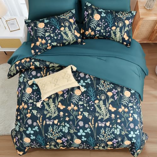 Yiran King Size Comforter Set 7 Pieces, Peacock Blue Botanical Floral Winter Comforter Bedding Set, Bed in a Bag King, Soft Microfiber Complete Bedding Set with Sheets for All Season Yiran