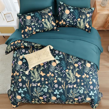 Yiran Comforter Set Queen Size, 7 Piece Peacock Blue Floral Comforters Lightweight Bedding Set Bed in a Bag Soft Microfiber Complete Botanical Beds Sets with Sheets for All Season Winter Spring Yiran