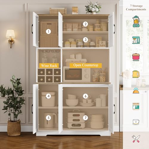 HOSTACK Kitchen Pantry Storage Cabinet, 71" Tall Food Pantry Cabinet with Microwave Stand, Farmhouse Kitchen Hutch Cabinet, Coffee Bar Hutch with Wine Rack for Dining Room, Living Room, White HOSTACK