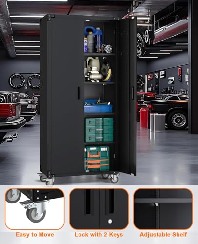 72 in Tall Garage Storage Cabinet – 600 LB Capacity Metal Tool Cabinet with Magnetic Lock, 4 Adjustable Shelves & Wheels, Heavy-Duty Steel Storage for Workshop, Home & Office Garvee