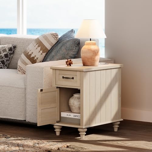 WAMPAT Beige End Table with Charging Station, Wooden Side Table with Storage Cabinet & Drawer, Elegant Nightstand with Power Outlets & USB Ports for Bedroom, Living Room WAMPAT