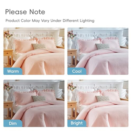 Flysheep Pink Ruffle Quilt Set Twin Size, 2 Pieces Shabby Chic Farmhouse Striped Bedspread Coverlet Set, Solid Lightweight Soft Microfiber Bed Cover for Kids (1 Ruffled Quilt + 1 Pillow Sham) Flysheep