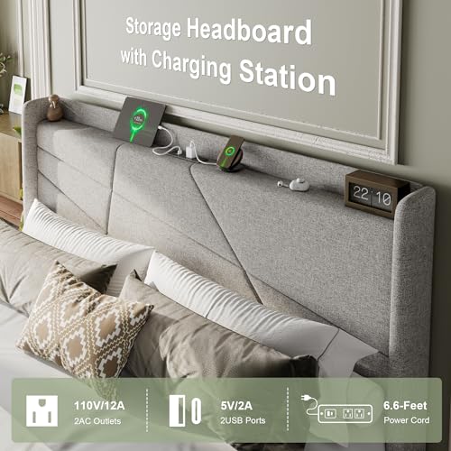 Feonase King Lift-Up Storage Bed Frame with Charging Station and Wingback Design in Light Gray - WoodArtSupply