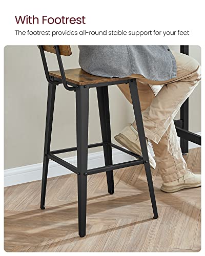VASAGLE Industrial Style Set of 2 Backed Bar Stools with Steel Frame in Rustic Brown and Black VASAGLE