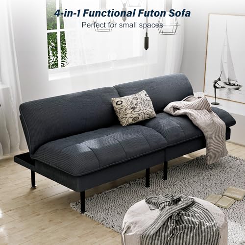 Ribilake 70" Futon Sofa Bed, 4 in 1 Multi-Function Couch Sleeper with Adjustable Backrest, Modern Convertible Futon, Recliner Small Loveseat for Living Room, Office, Grey Ribilake