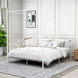 AUFANK Queen Size Four-Poster Metal Canopy Bed Frame with Headboard and Footboard Sturdy Slatted Structure No Box Spring Needed White
