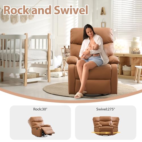 Chizzyseat Genuine Leather Rocker Recliner Modern Manual Swivel Glider Recliner with Adjustable Backrest & Footrest Wall Hugger Swivel Rocking Recliner Chair for Modern Living Room and RV Warm Brown