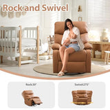 Chizzyseat Genuine Leather Rocker Recliner Modern Manual Swivel Glider Recliner with Adjustable Backrest & Footrest Wall Hugger Swivel Rocking Recliner Chair for Modern Living Room and RV Warm Brown