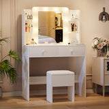 Haewon White Vanity Desk with Mirror and Lights, Makeup Vanity with 10 LED Bulbs and 3 Color Modes, Dressing Table Set with Power Outlets, Storage Drawers and Chair for Bedroom Haewon
